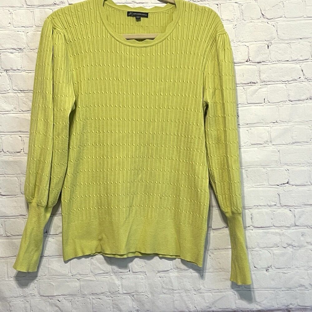 Adrianna Papell Size L Knitted Puff Long Sleeve Sweater Scallop Trim Green